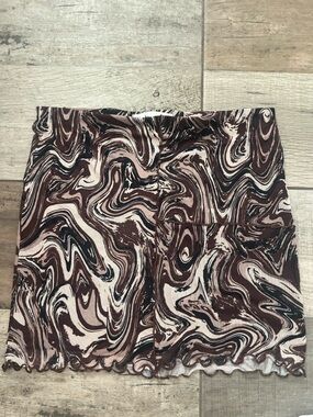 Elodie Wavy Marble-Print Mini Skirt in Brown, Cream, and Black